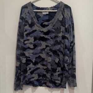 27 Miles SZ Large Cashmere V-Neck Camo Knit Sweater - Blue/Grey
